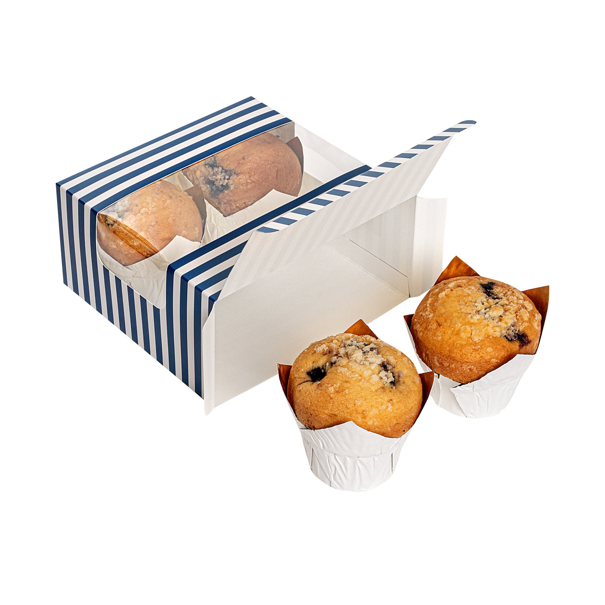 Pastry Tek Blue and White Stripe Paper Pastry / Cake Box - with Window - 6 1/4" x 6 1/4" x 3 1/4" - 100 count box