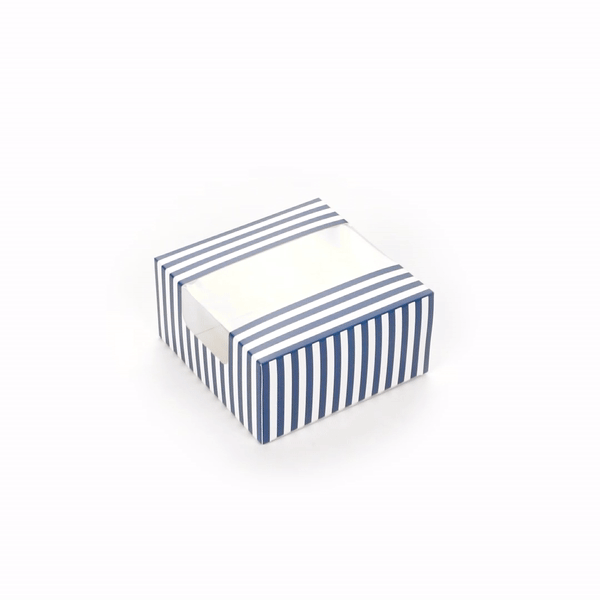 Pastry Tek Blue and White Stripe Paper Pastry / Cake Box - with Window - 6 1/4" x 6 1/4" x 3 1/4" - 100 count box