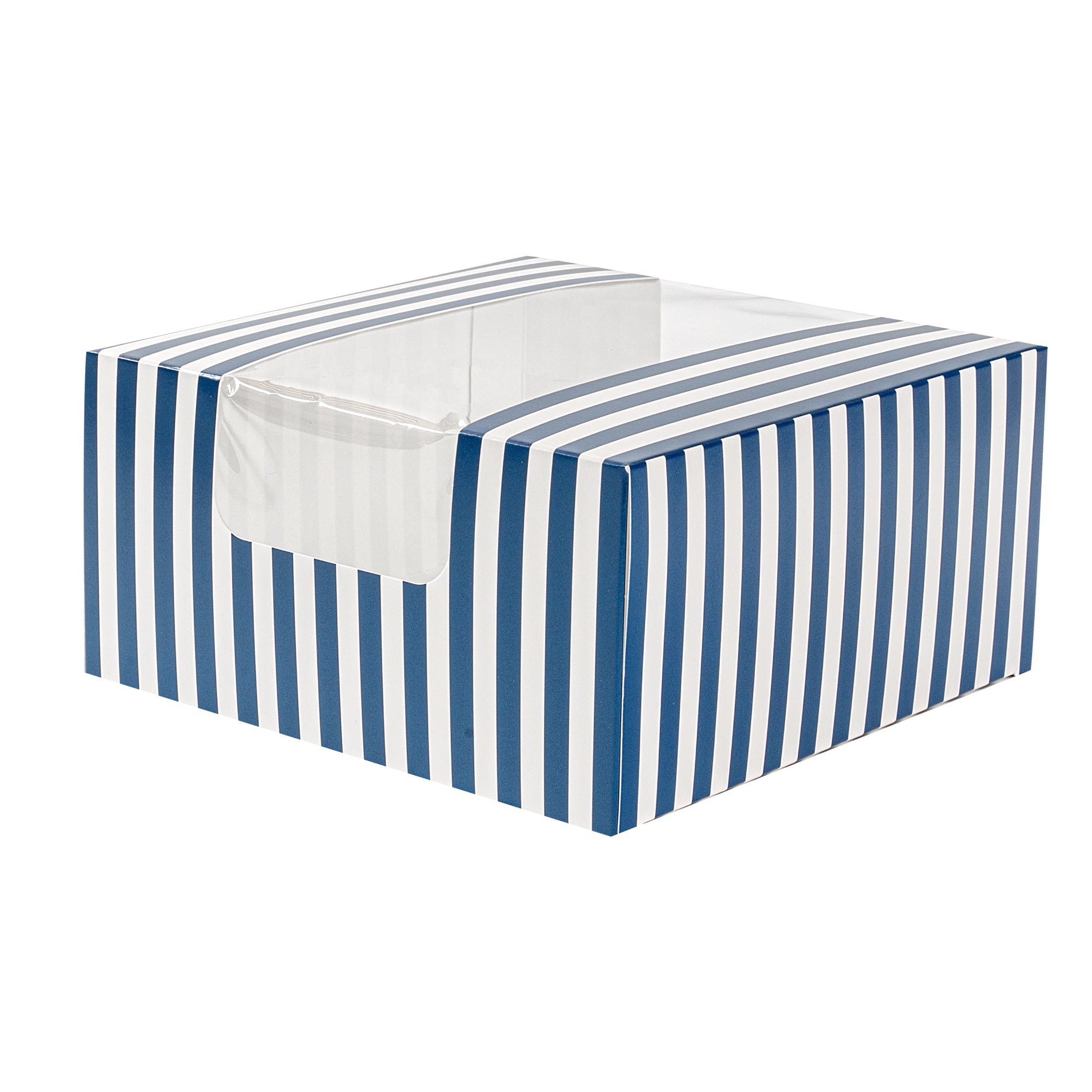 Pastry Tek Blue and White Stripe Paper Pastry / Cake Box - with Window - 6 1/4" x 6 1/4" x 3 1/4" - 100 count box