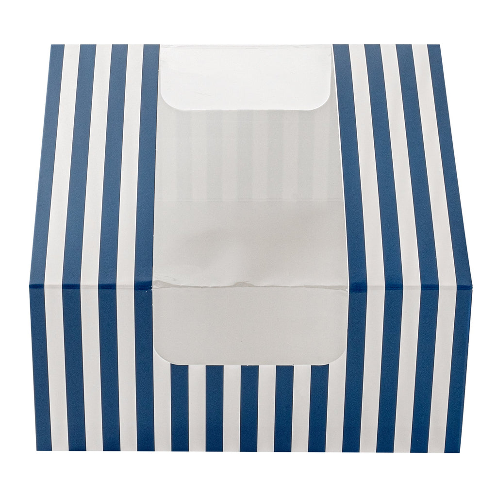 Pastry Tek Blue and White Stripe Paper Pastry / Cake Box - with Window - 6 1/4" x 6 1/4" x 3 1/4" - 100 count box