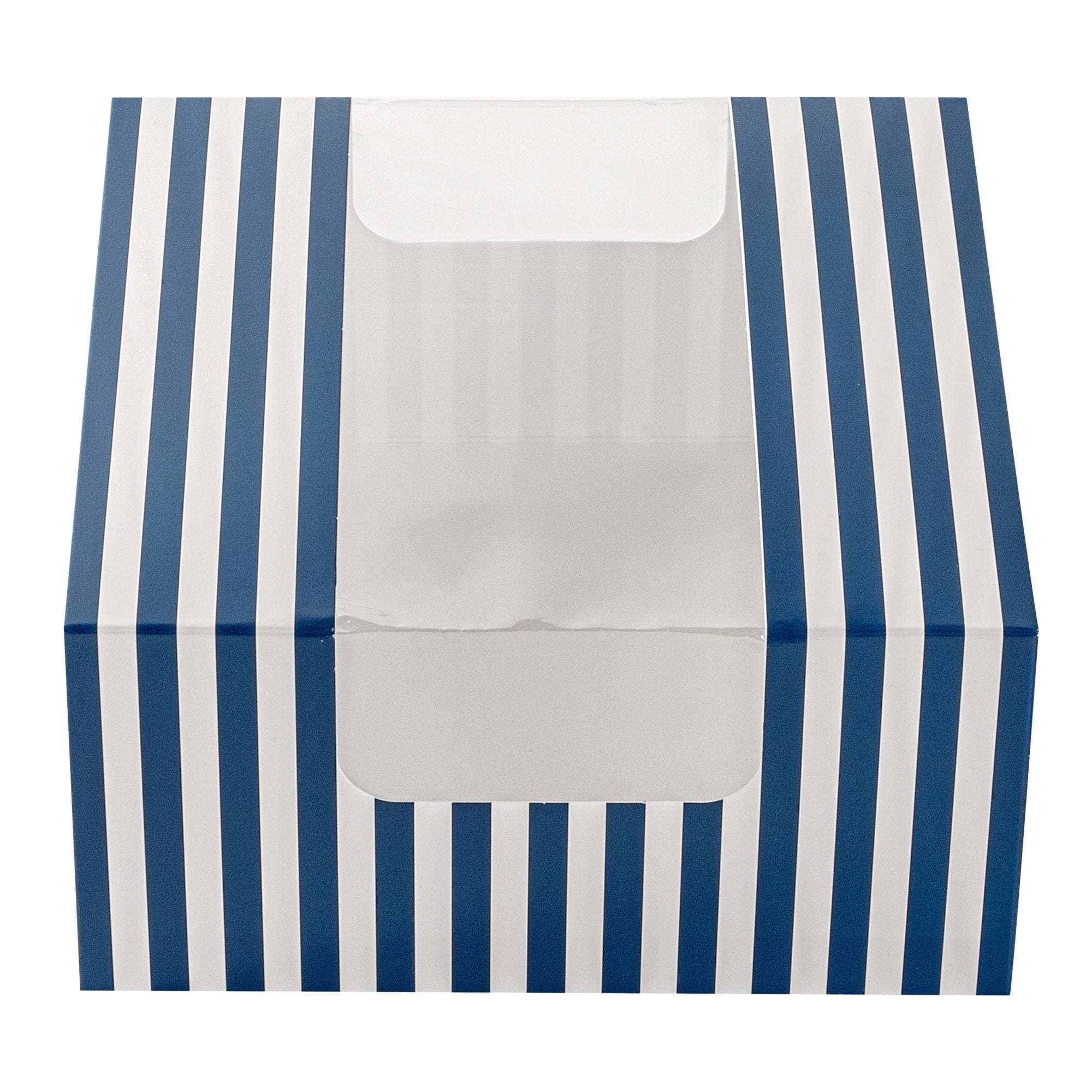 Pastry Tek Blue and White Stripe Paper Pastry / Cake Box - with Window - 6 1/4" x 6 1/4" x 3 1/4" - 100 count box