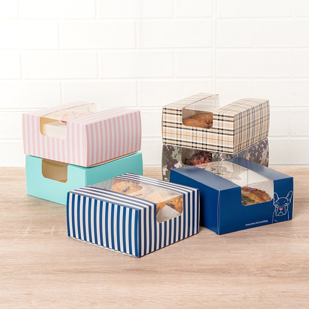 Pastry Tek Blue and White Stripe Paper Pastry / Cake Box - with Window - 6 1/4" x 6 1/4" x 3 1/4" - 100 count box