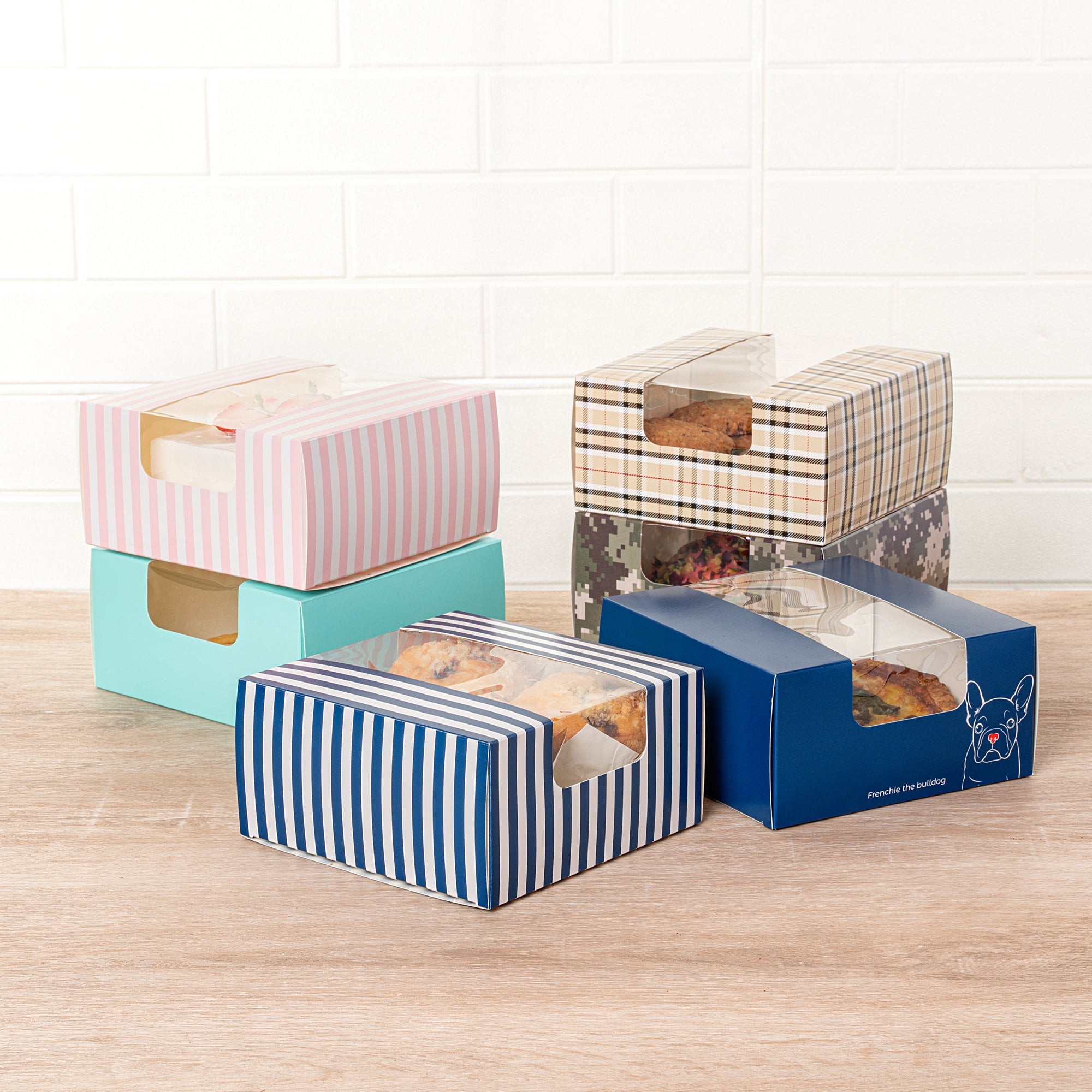 Pastry Tek Blue and White Stripe Paper Pastry / Cake Box - with Window - 6 1/4" x 6 1/4" x 3 1/4" - 100 count box