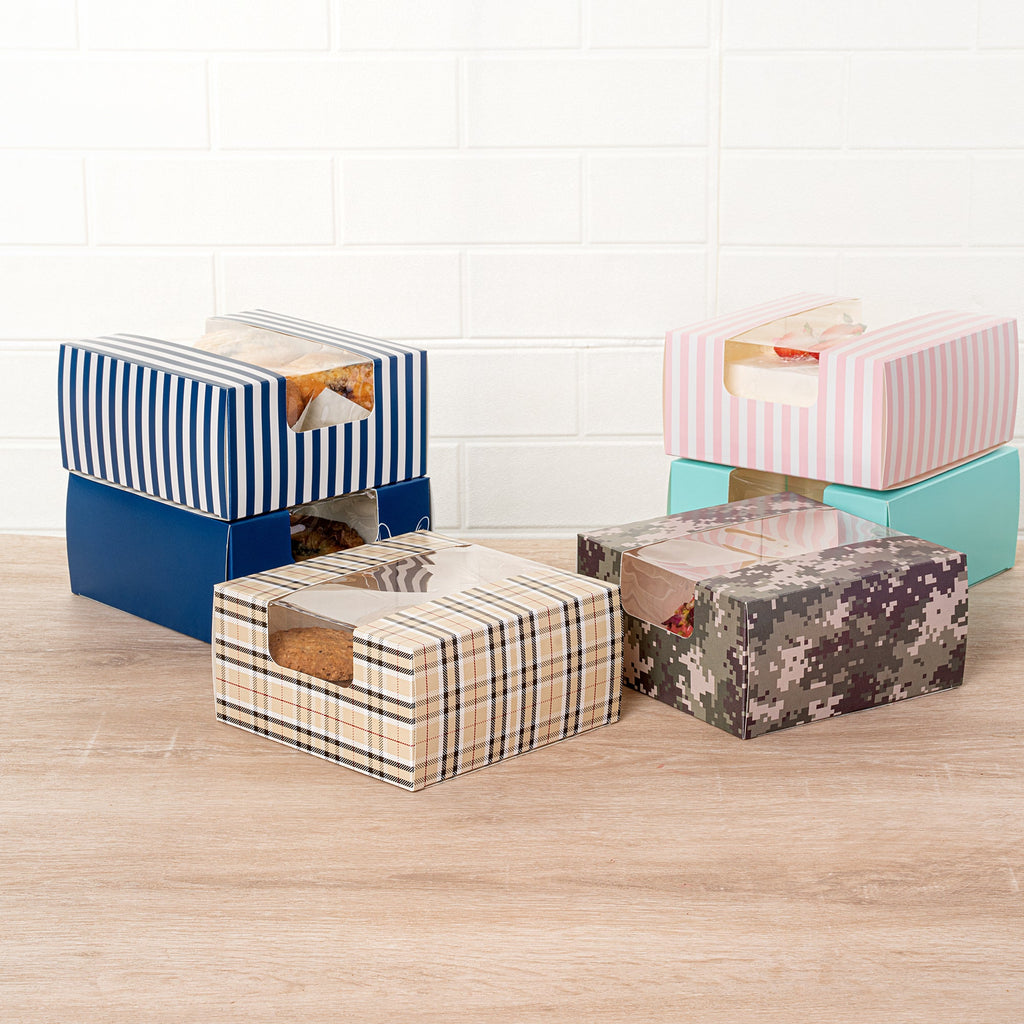 Pastry Tek Plaid Paper Pastry / Cake Box - with Window - 6 1/4" x 6 1/4" x 3 1/4" - 100 count box