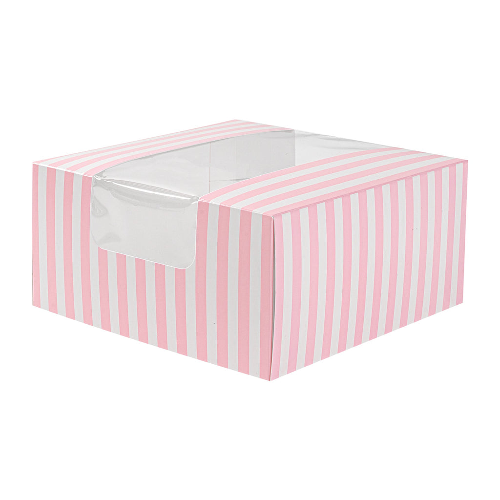 Pastry Tek Pink and White Stripe Paper Pastry / Cake Box - with Window - 6 1/4" x 6 1/4" x 3 1/4"- 100 count box