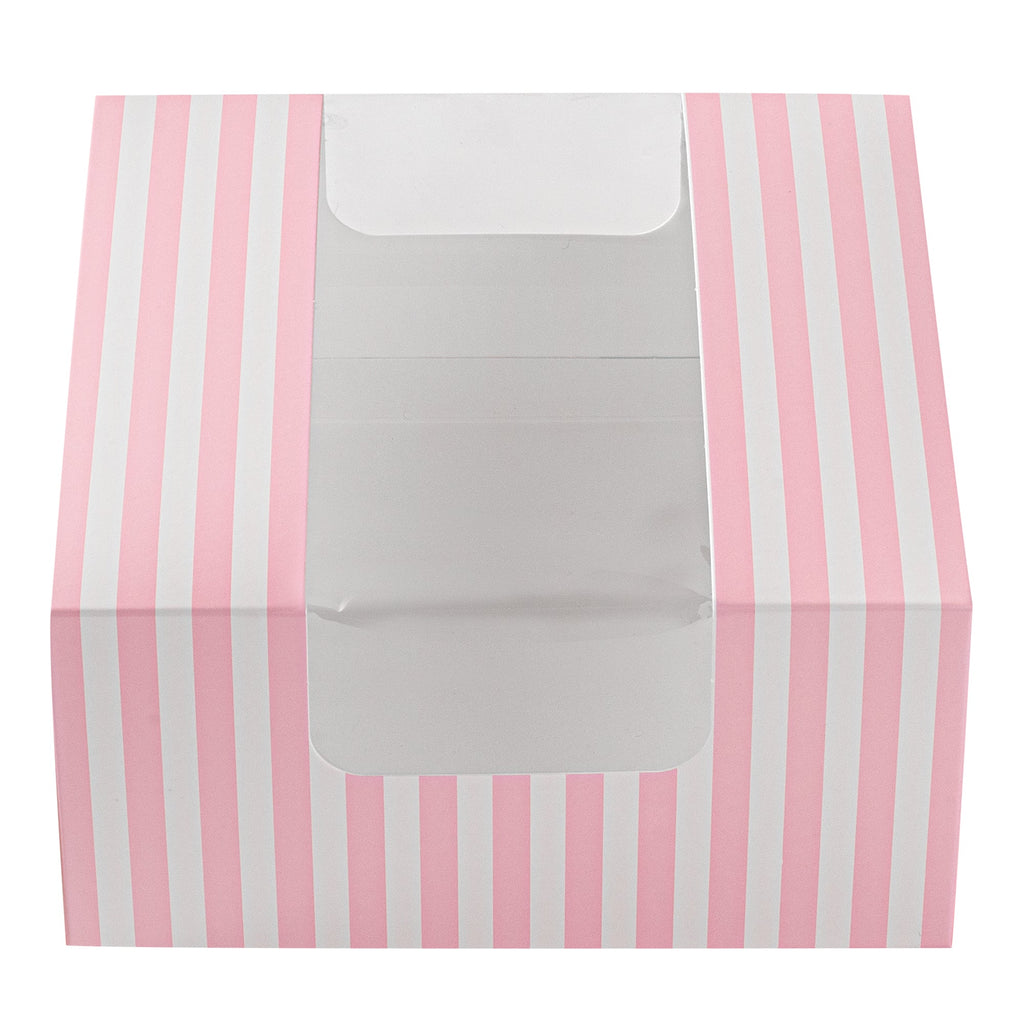 Pastry Tek Pink and White Stripe Paper Pastry / Cake Box - with Window - 6 1/4" x 6 1/4" x 3 1/4"- 100 count box
