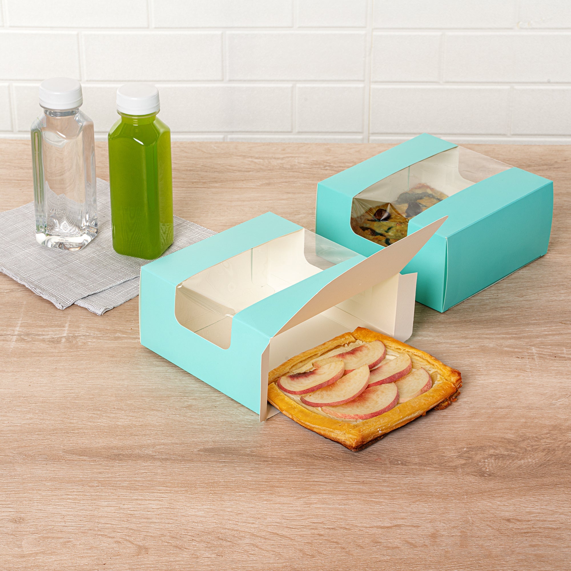 Pastry Tek Turquoise Paper Pastry / Cake Box - with Window - 6 1/4" x 6 1/4" x 3 1/4" - 100 count box