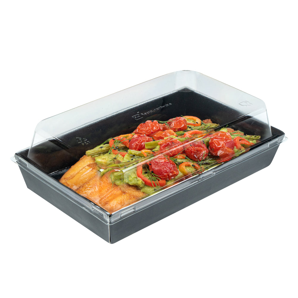 Matsuri Vision Rectangle Black Paper Medium Sushi Tray - 8" x 5" x 1 1/2" - 100 count box