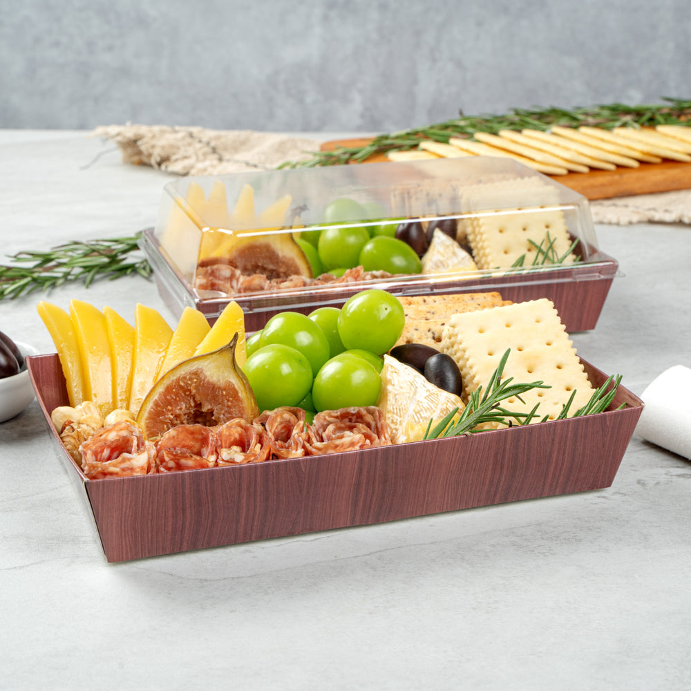 Matsuri Vision Rectangle Wood Grain Paper Medium Sushi Tray - 8" x 5" x 1 1/2" - 100 count box