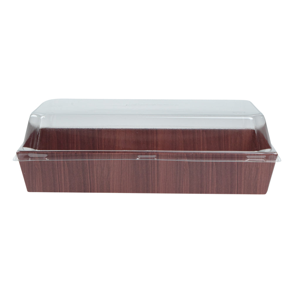 Matsuri Vision Rectangle Wood Grain Paper Medium Sushi Tray - 8" x 5" x 1 1/2" - 100 count box