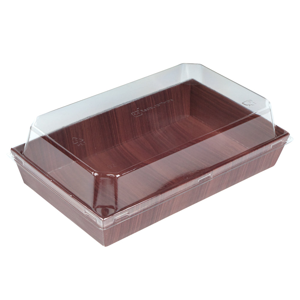 Matsuri Vision Rectangle Wood Grain Paper Medium Sushi Tray - 8" x 5" x 1 1/2" - 100 count box