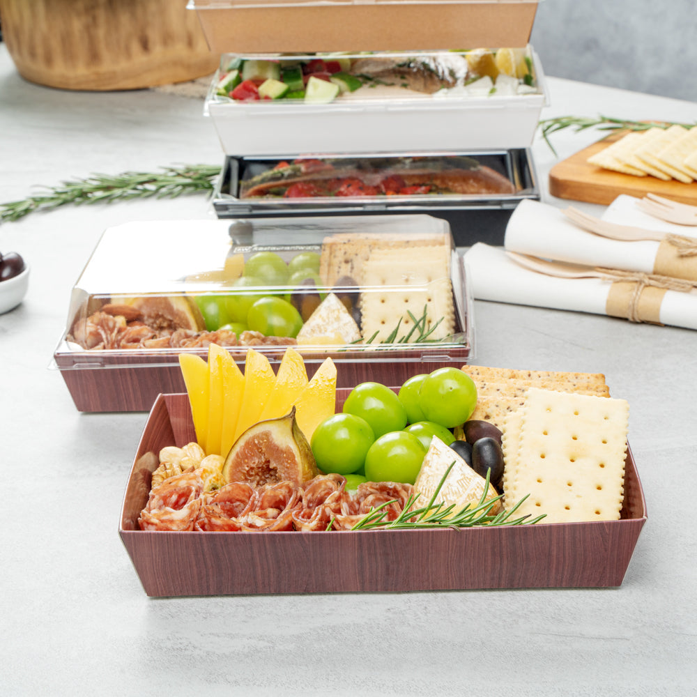 Matsuri Vision Rectangle Wood Grain Paper Medium Sushi Tray - 8" x 5" x 1 1/2" - 100 count box
