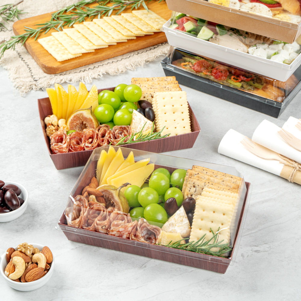 Matsuri Vision Rectangle Wood Grain Paper Medium Sushi Tray - 8" x 5" x 1 1/2" - 100 count box