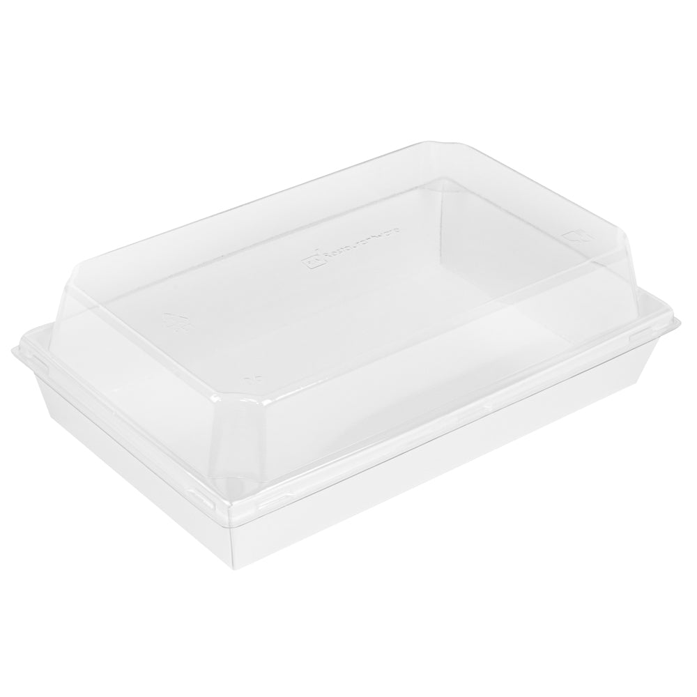 Matsuri Vision Rectangle White Paper Medium Sushi Tray - 8" x 5" x 1 1/2" - 100 count box