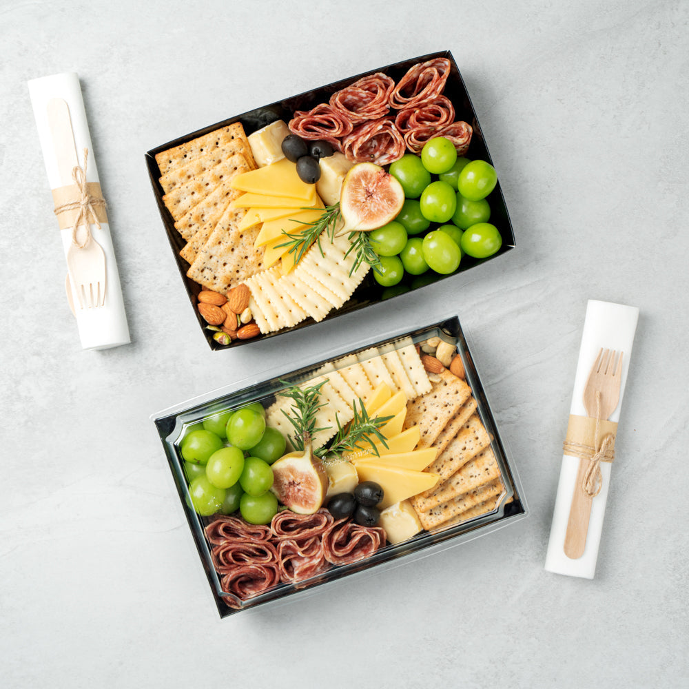 Matsuri Vision Rectangle Black Paper Large Sushi Tray - 9" x 6" x 1 1/2" - 100 count box