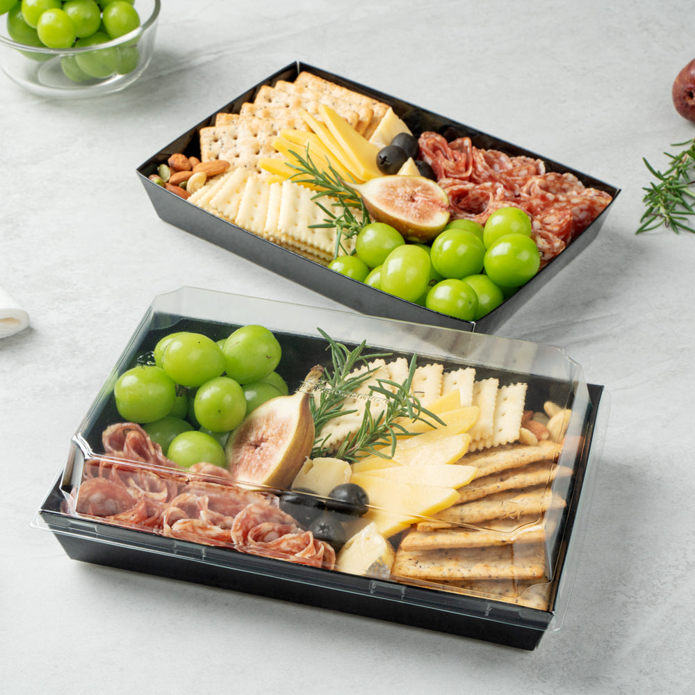 Matsuri Vision Rectangle Black Paper Large Sushi Tray - 9" x 6" x 1 1/2" - 100 count box