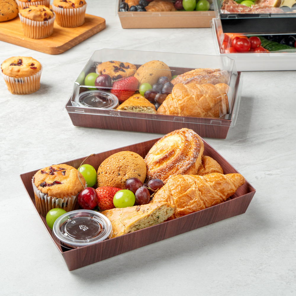 Matsuri Vision Rectangle Wood Grain Paper Large Sushi Tray - 9" x 6" x 1 1/2" - 100 count box