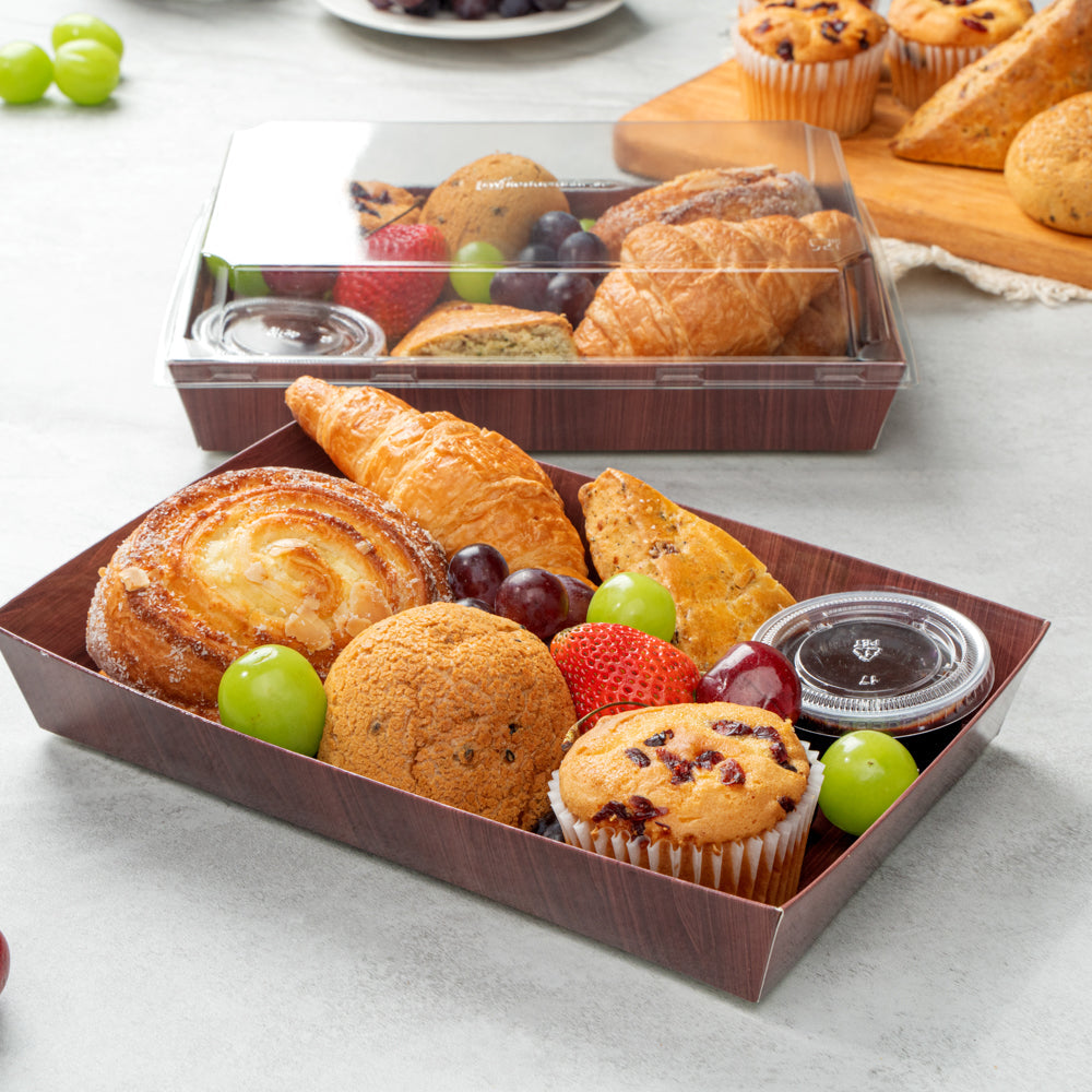 Matsuri Vision Rectangle Wood Grain Paper Large Sushi Tray - 9" x 6" x 1 1/2" - 100 count box