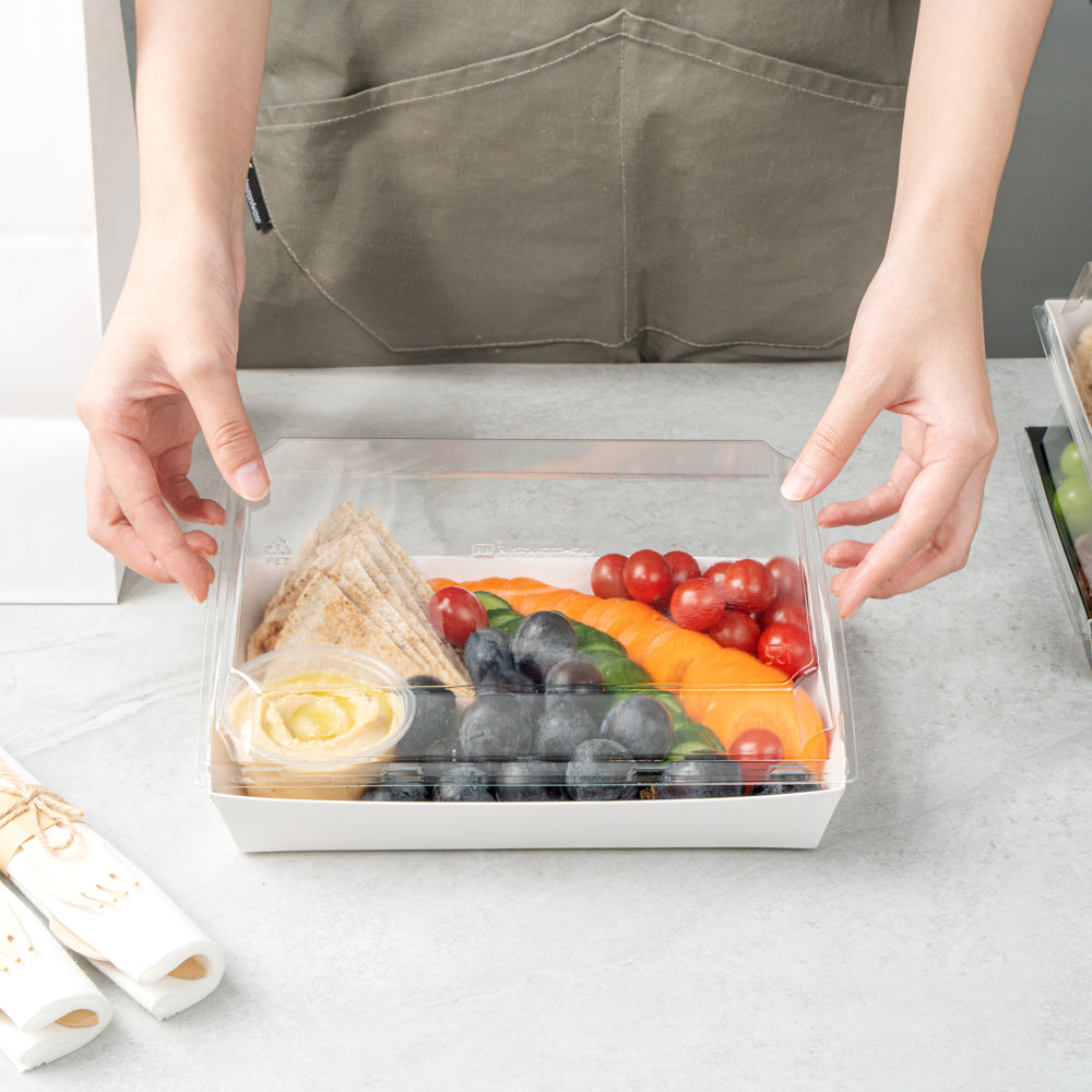 Matsuri Vision Rectangle White Paper Large Sushi Tray - 9" x 6" x 1 1/2" - 100 count box