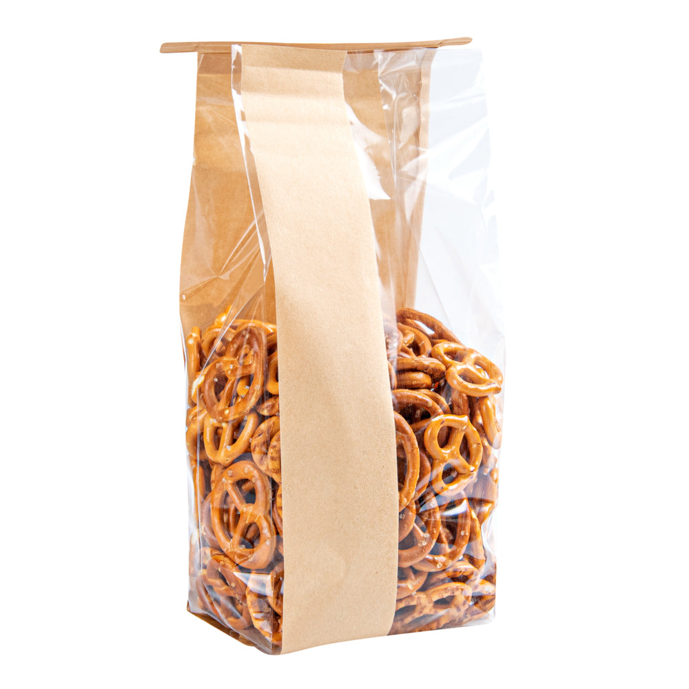 Bag Tek Kraft Paper Bakery Tin Tie Bag - with Window - 4 3/4" x 3 1/2" x 12 1/2" - 100 count box