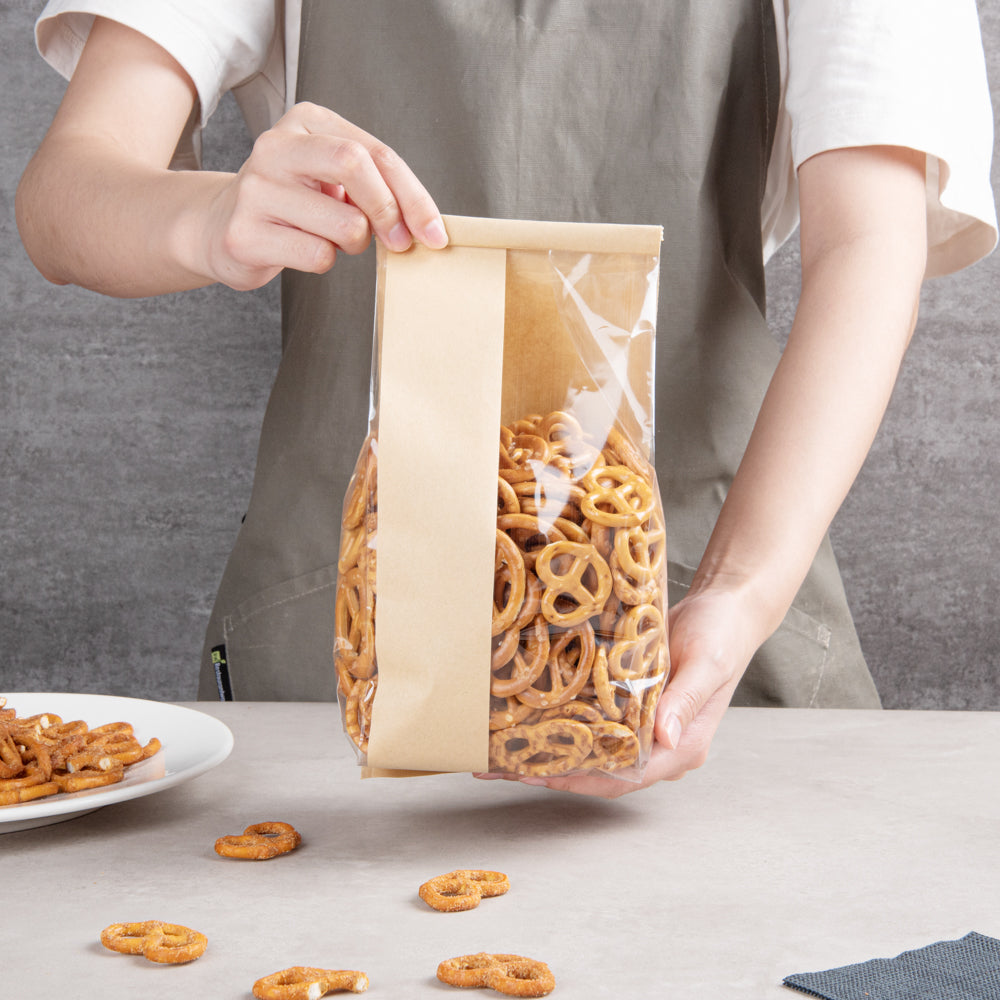 Bag Tek Kraft Paper Bakery Tin Tie Bag - with Window - 4 3/4" x 3 1/2" x 12 1/2" - 100 count box
