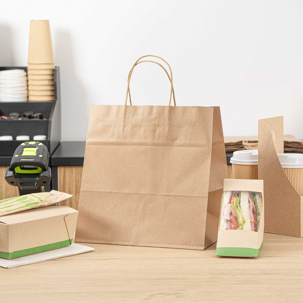 Saving Nature Kraft Paper Retail Bag - with Handles - 10 1/4" x 7 3/4" x 10 1/2" - 100 count box