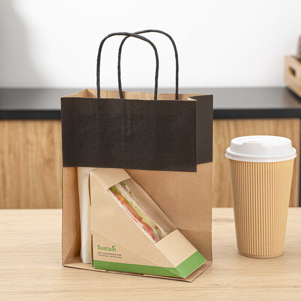 Saving Nature Black Paper Retail Bag - with Handles - 7" x 3 1/4" x 8 1/2" - 100 count box