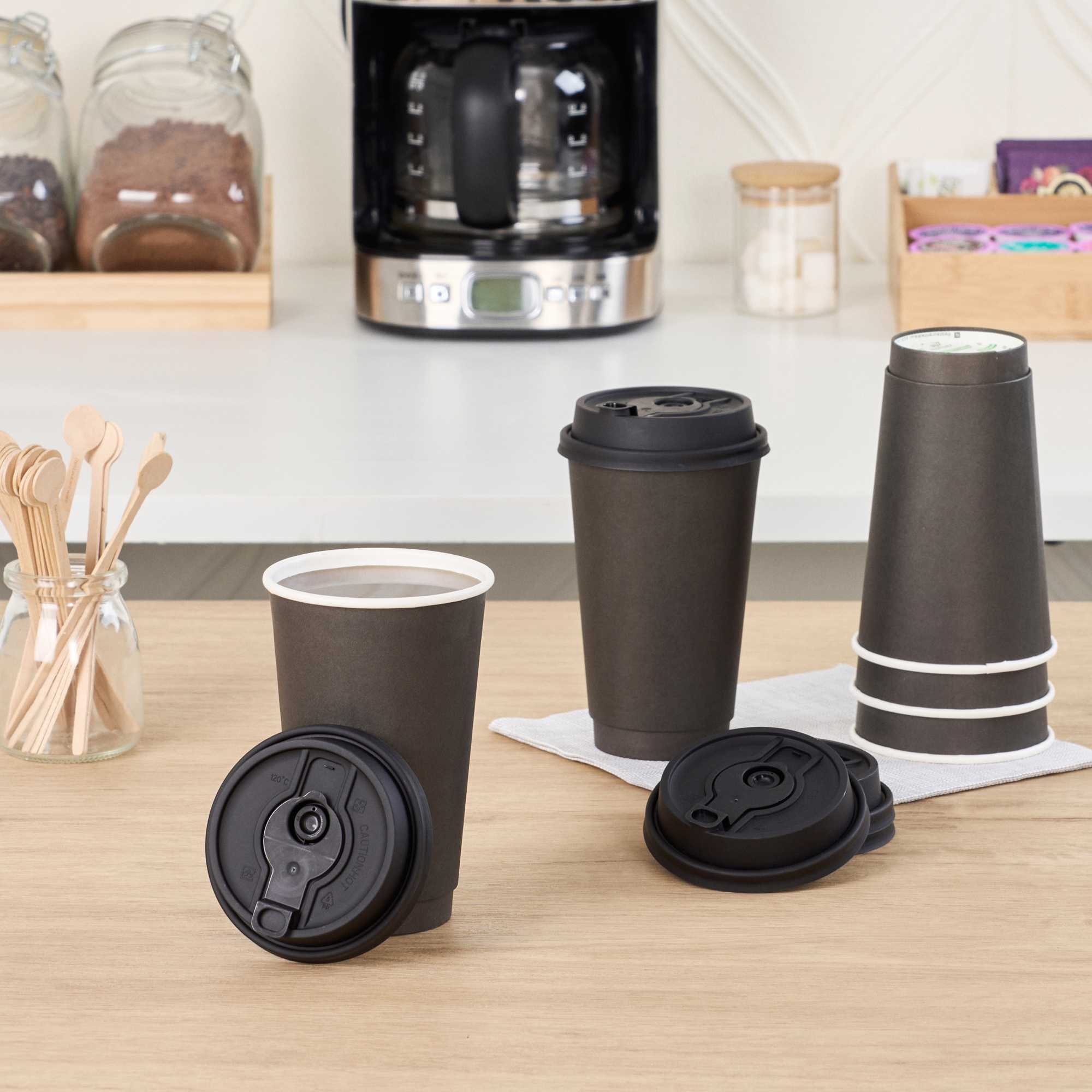 Restpresso Black Plastic 2-in-1 Straw or Sippy Coffee Cup Lid - with Detachable Double Plug, Fits 8, 12, 16 and 20 oz - 500 count box