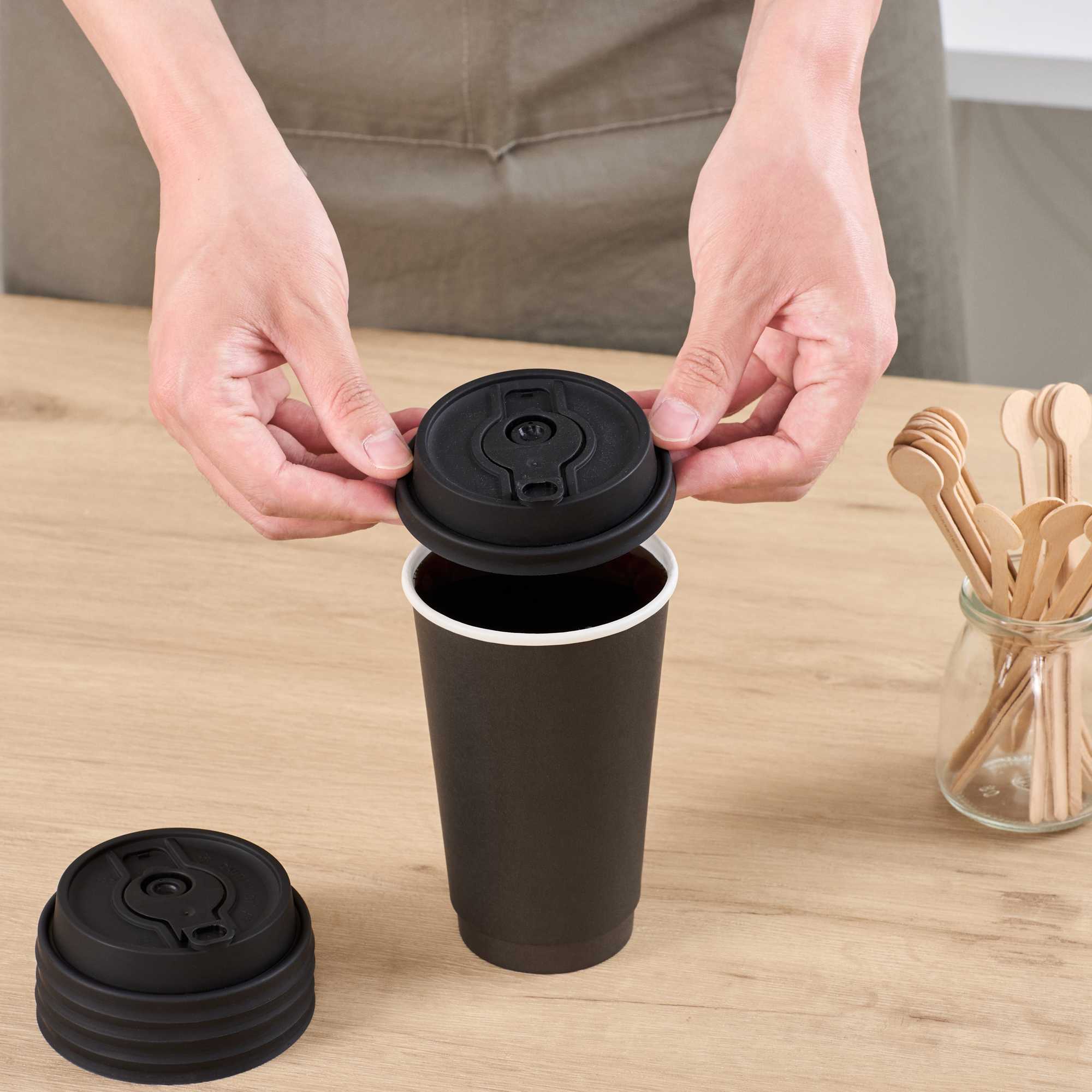 Restpresso Black Plastic 2-in-1 Straw or Sippy Coffee Cup Lid - with Detachable Double Plug, Fits 8, 12, 16 and 20 oz - 500 count box