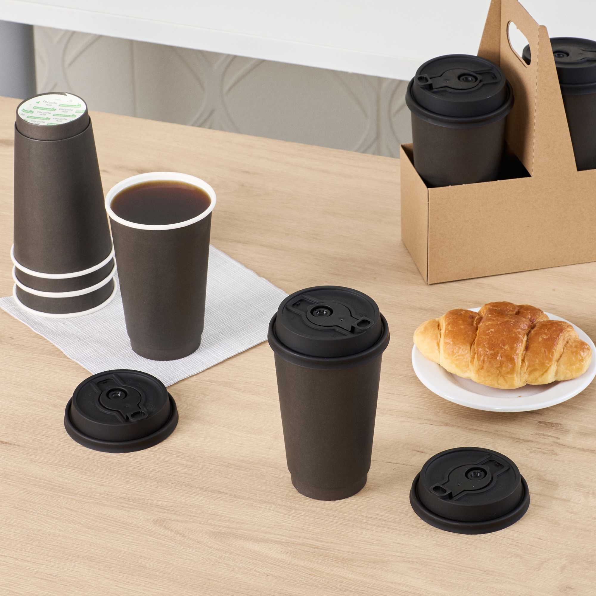 Restpresso Black Plastic 2-in-1 Straw or Sippy Coffee Cup Lid - with Detachable Double Plug, Fits 8, 12, 16 and 20 oz - 500 count box