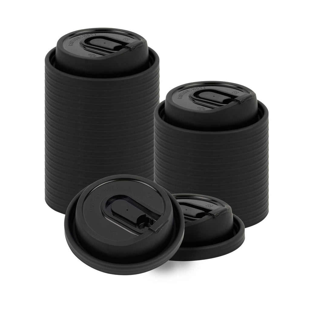 Restpresso Black Plastic Coffee Cup Lid - with Detachable Plug, Fits 8, 12, 16 and 20 oz - 25 count box