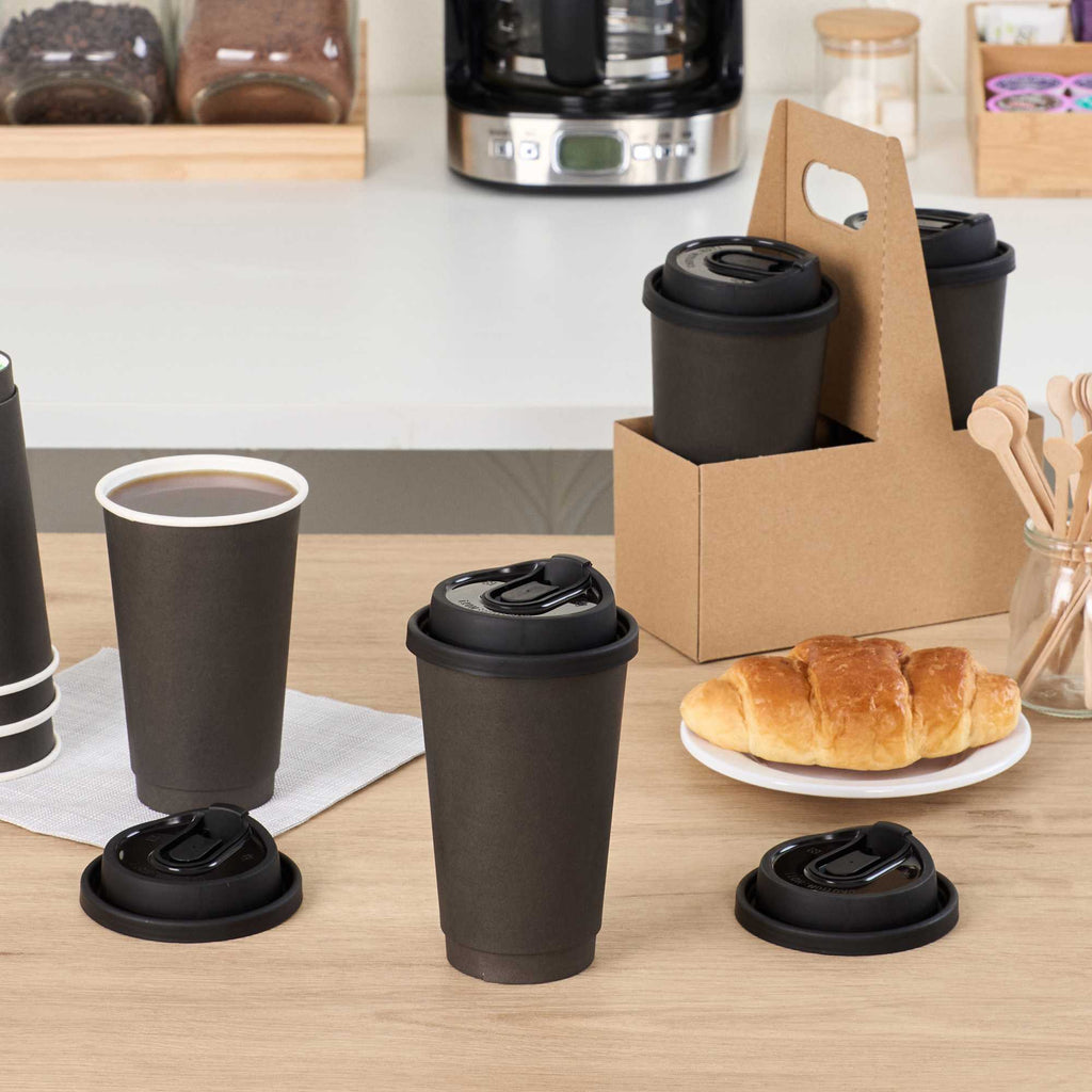 Restpresso Black Plastic Coffee Cup Lid - with Detachable Plug, Fits 8, 12, 16 and 20 oz - 25 count box