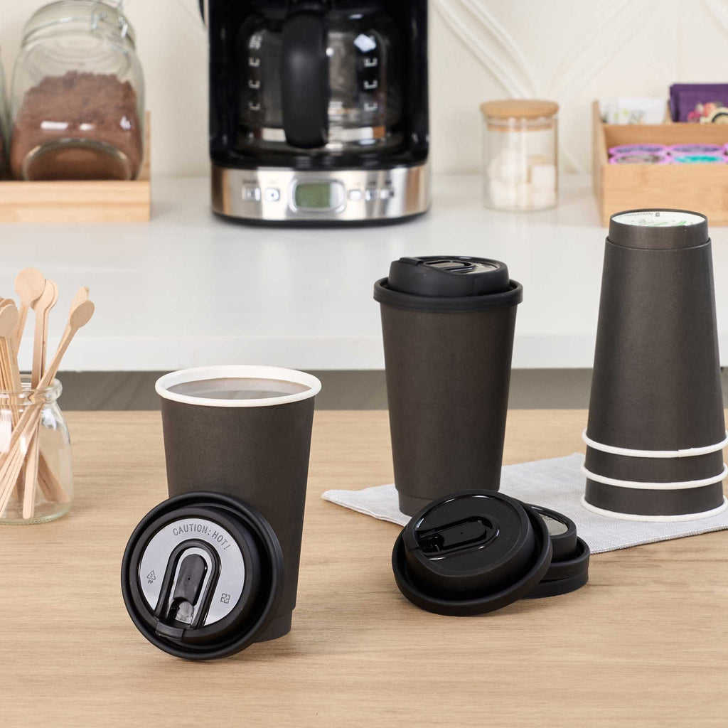 Restpresso Black Plastic Coffee Cup Lid - with Detachable Plug, Fits 8, 12, 16 and 20 oz - 500 count box