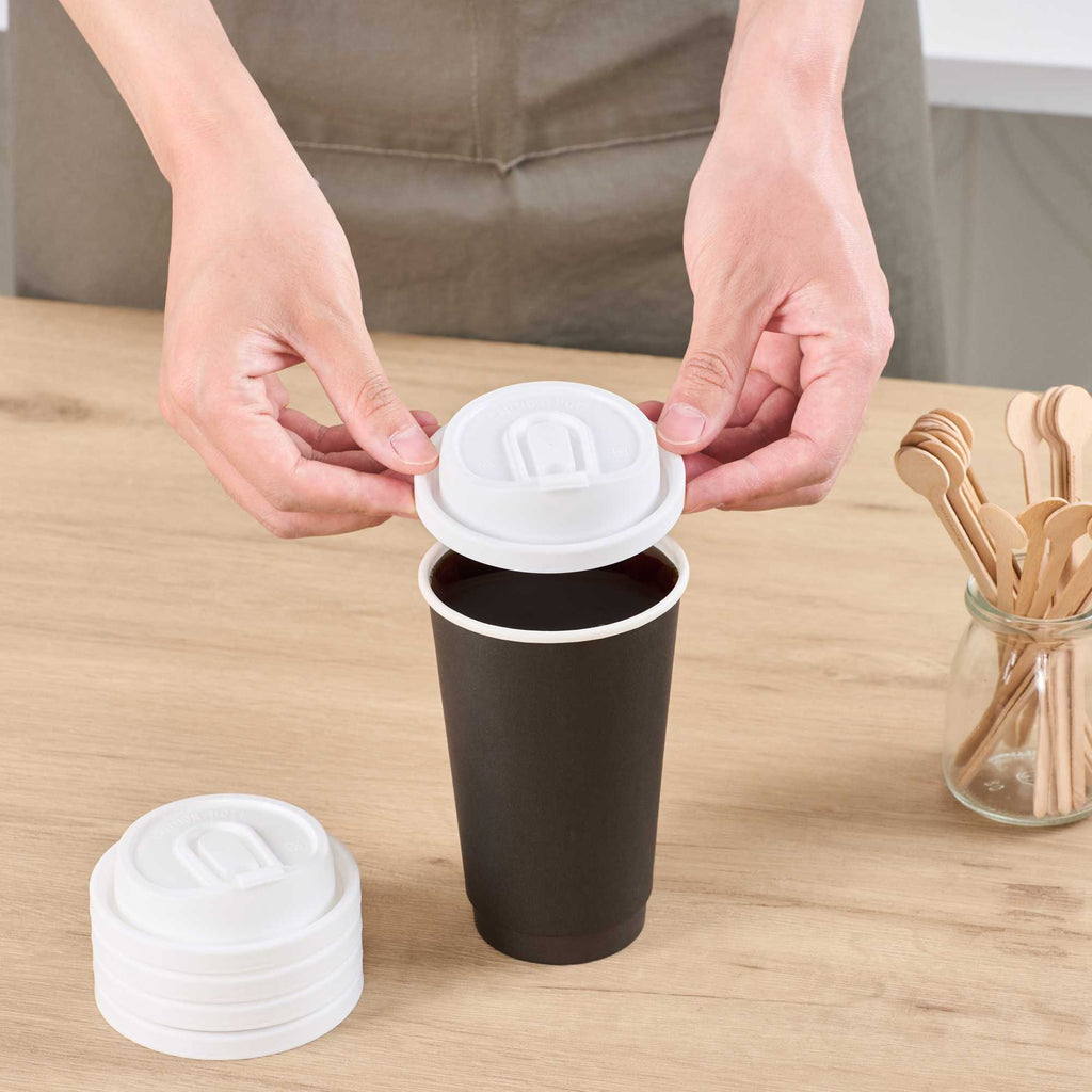 Restpresso White Plastic Coffee Cup Lid - with Detachable Plug, Fits 8, 12, 16 and 20 oz - 25 count box