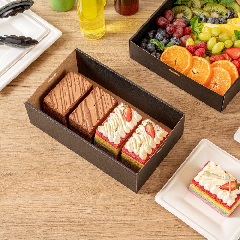 Cater Tek Rectangle Black Paper Catering Box - with Window Lid - 10 1/4" x 6" x 3 1/4" - 100 count box