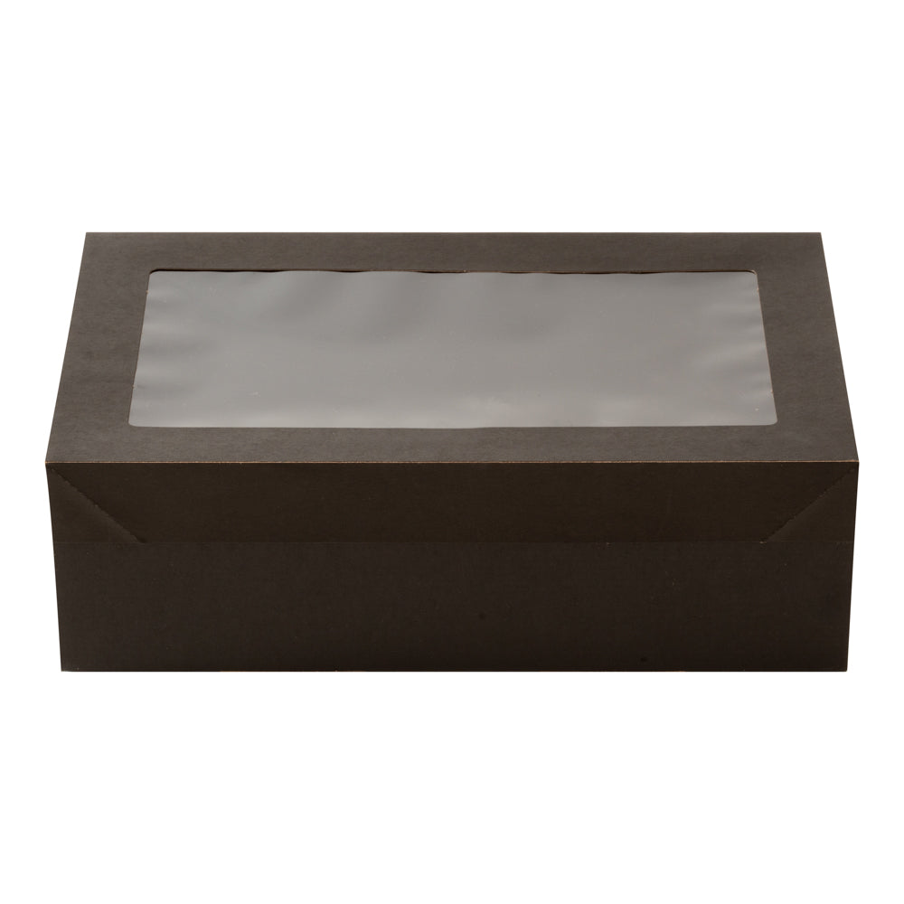 Cater Tek Rectangle Black Paper Catering Box - with Window Lid - 10 1/4" x 6" x 3 1/4" - 100 count box