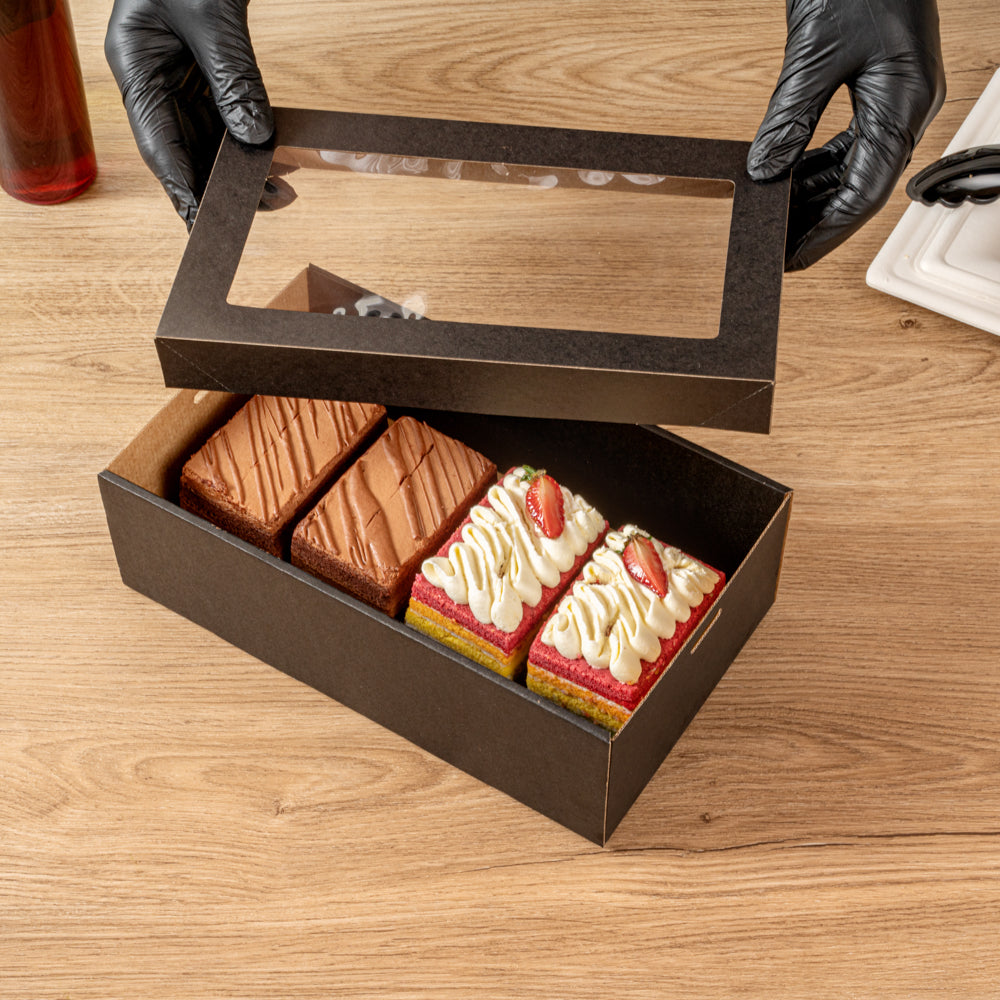 Cater Tek Rectangle Black Paper Catering Box - with Window Lid - 10 1/4" x 6" x 3 1/4" - 100 count box