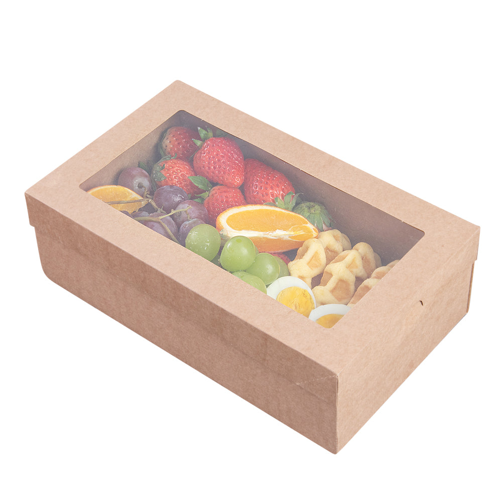 Cater Tek Rectangle Kraft Paper Catering Box - with Window Lid - 10 1/4" x 6" x 3 1/4" - 10 count box