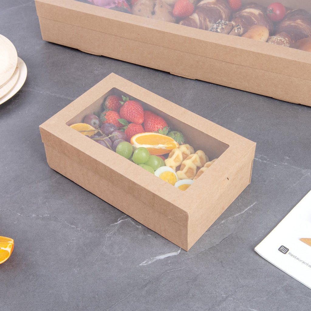 Cater Tek Rectangle Kraft Paper Catering Box - with Window Lid - 10 1/4" x 6" x 3 1/4" - 100 count box