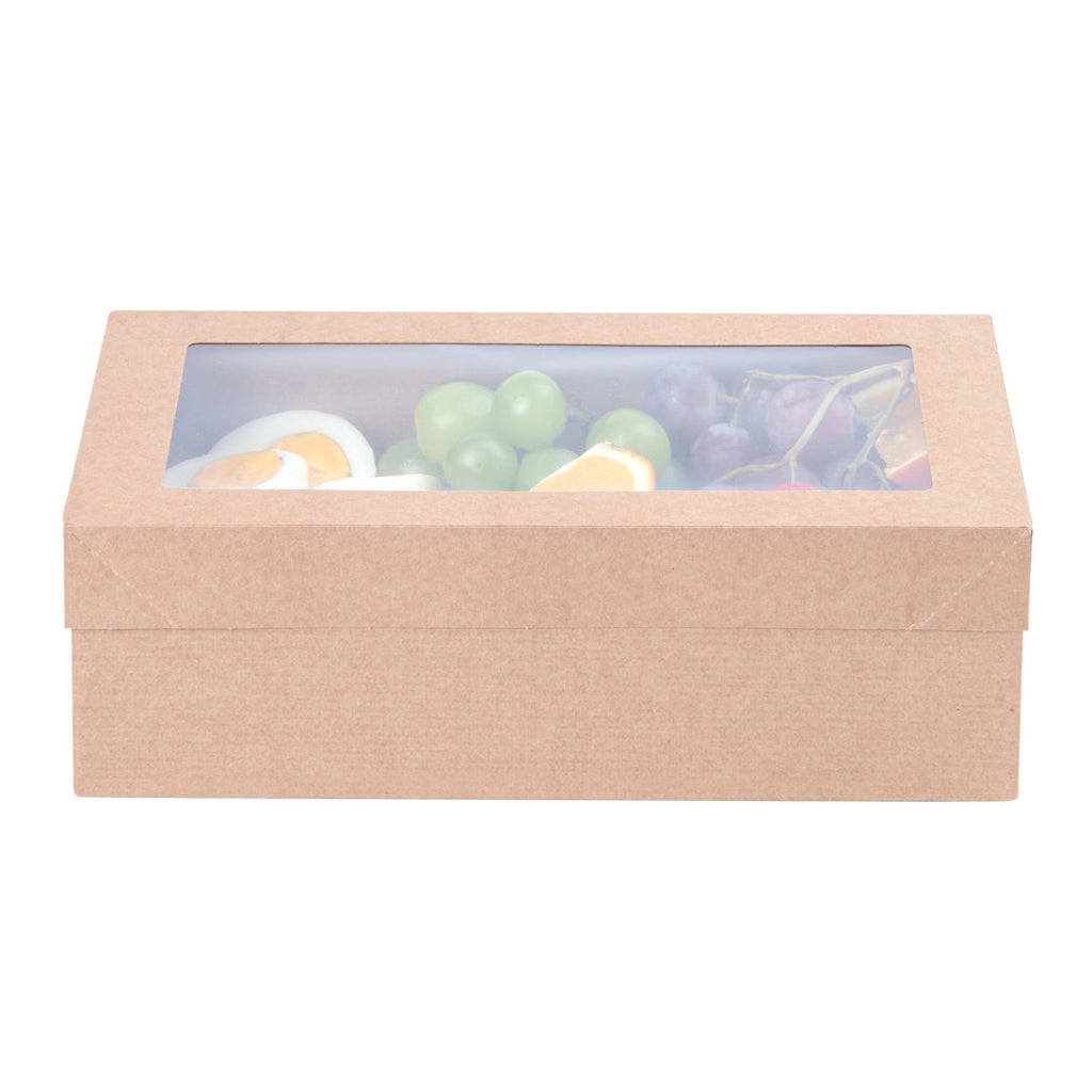 Cater Tek Rectangle Kraft Paper Catering Box - with Window Lid - 10 1/4" x 6" x 3 1/4" - 100 count box