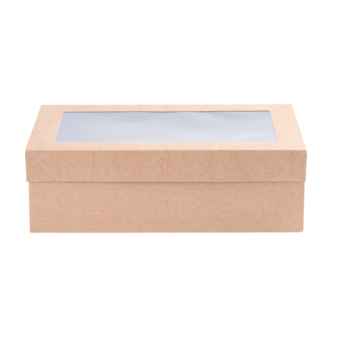 Cater Tek Rectangle Kraft Paper Catering Box - with Window Lid - 10 1/4" x 6" x 3 1/4" - 100 count box