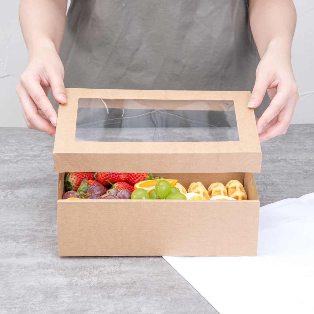 Cater Tek Rectangle Kraft Paper Catering Box - with Window Lid - 10 1/4" x 6" x 3 1/4" - 100 count box
