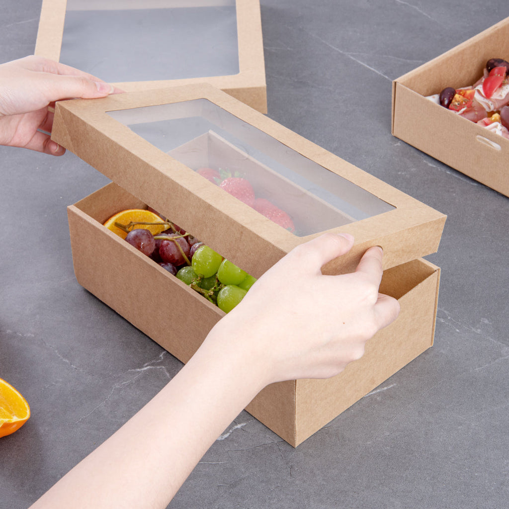 Cater Tek Rectangle Kraft Paper Catering Box - with Window Lid - 10 1/4" x 6" x 3 1/4" - 100 count box
