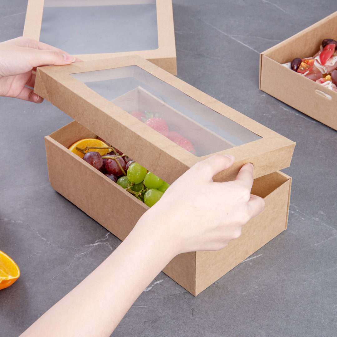 Cater Tek Rectangle Kraft Paper Catering Box - with Window Lid - 10 1/4" x 6" x 3 1/4" - 100 count box