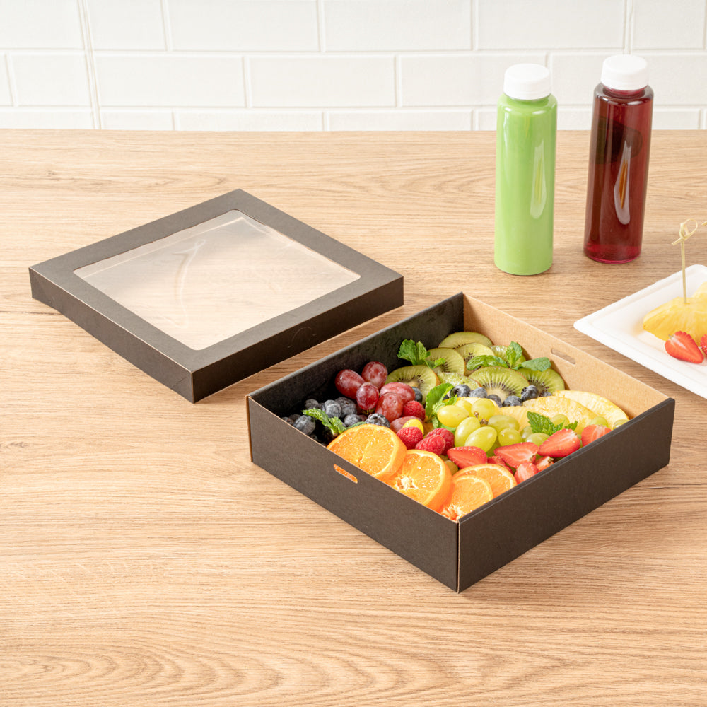 Cater Tek Square Black Paper Catering Box - with Window Lid - 9" x 9" x 2 1/4" - 10 count box