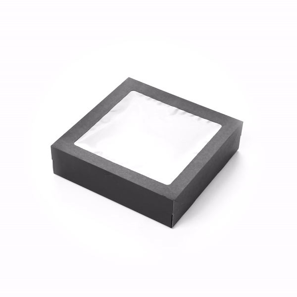 Cater Tek Square Black Paper Catering Box - with Window Lid - 9" x 9" x 2 1/4" - 10 count box