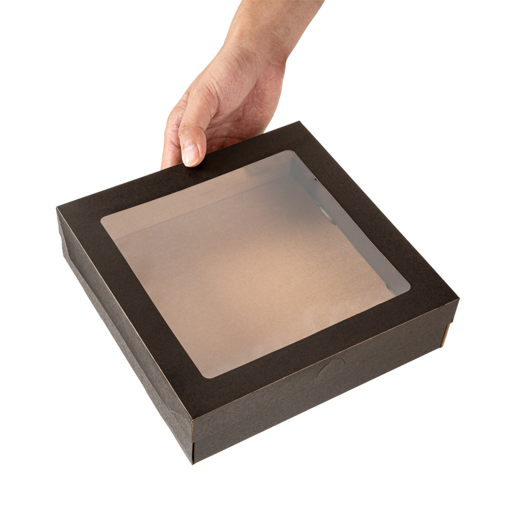 Cater Tek Square Black Paper Catering Box - with Window Lid - 9" x 9" x 2 1/4" - 100 count box