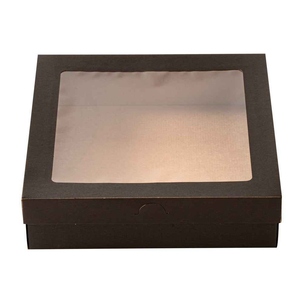 Cater Tek Square Black Paper Catering Box - with Window Lid - 9" x 9" x 2 1/4" - 100 count box