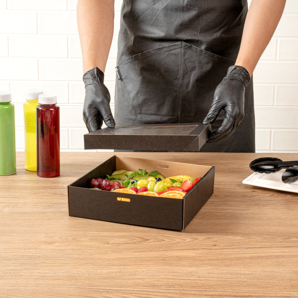Cater Tek Square Black Paper Catering Box - with Window Lid - 9" x 9" x 2 1/4" - 100 count box