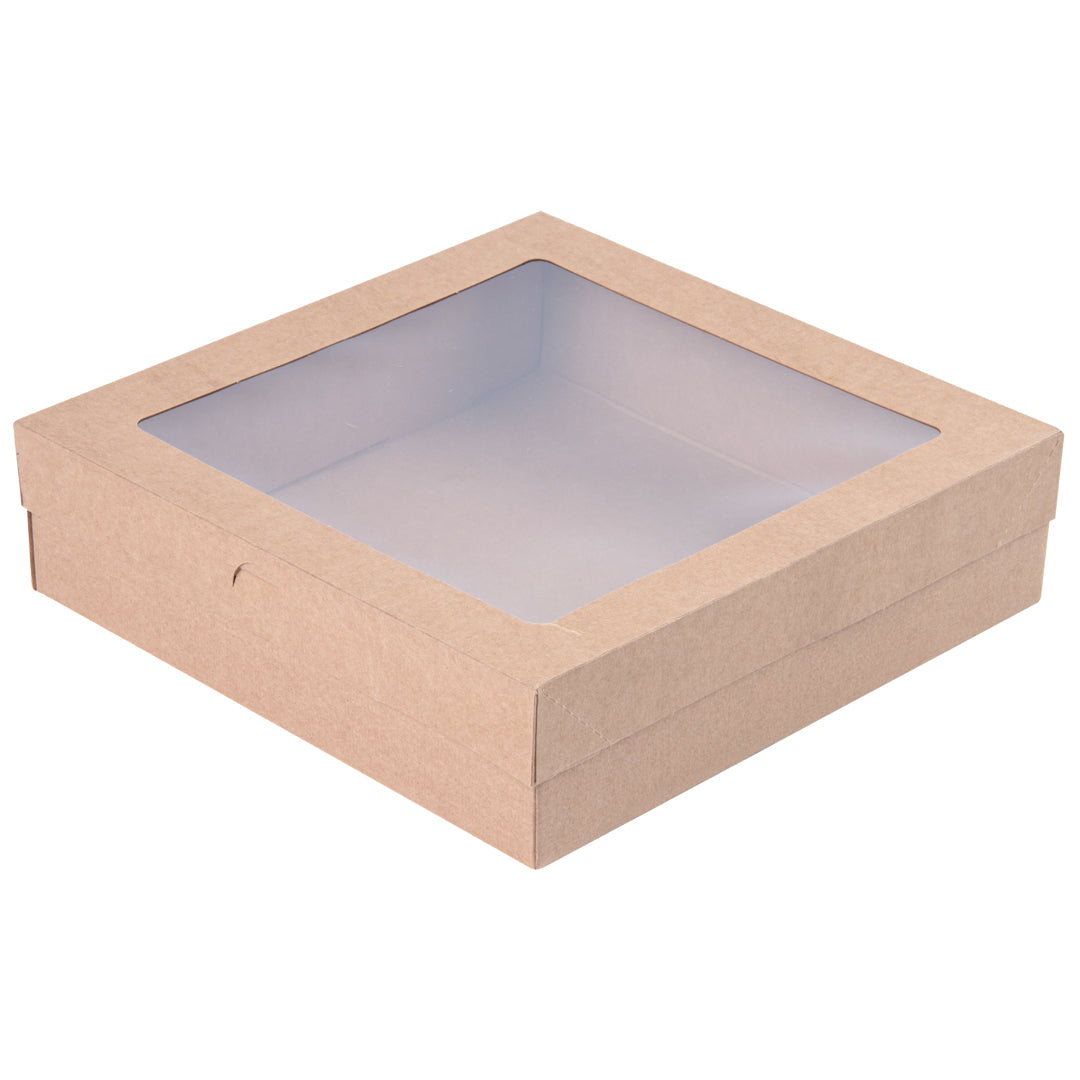 Cater Tek Square Kraft Paper Catering Box - with Window Lid - 9" x 9" x 2 1/4" - 10 count box